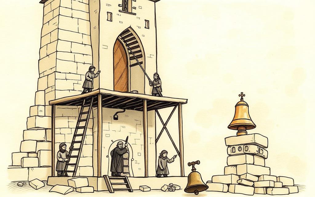 Rajz: kőművesek építik a templomot állványokon